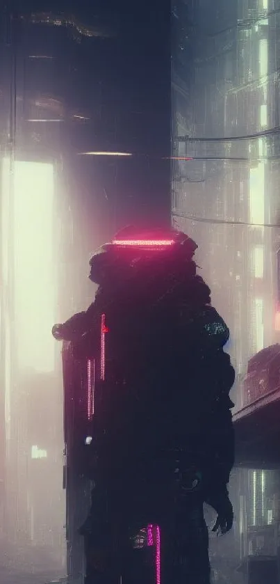 Futuristic cyberpunk cityscape with neon lights in dark shades.