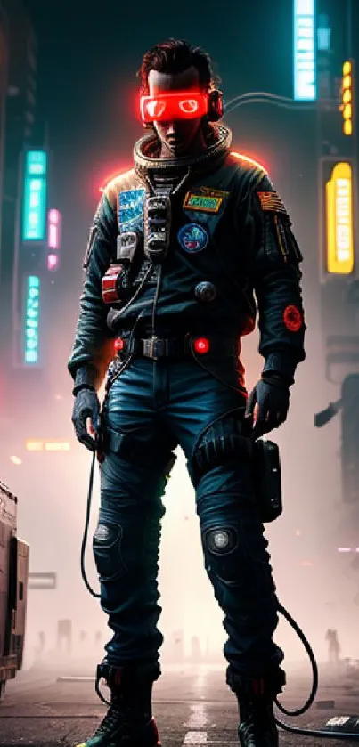 Futuristic figure with neon lights in a cyberpunk cityscape.