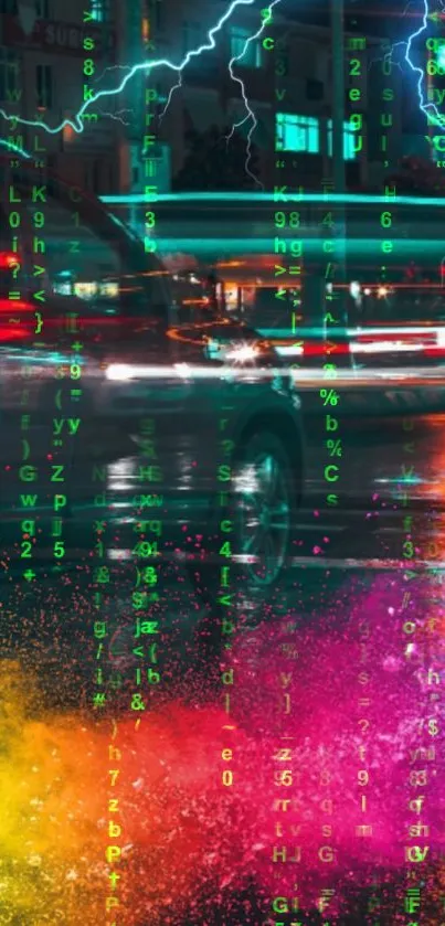 Mobile wallpaper with neon cyberpunk city lights and matrix code.
