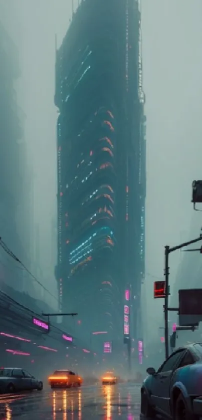 Cyberpunk wallpaper with neon-lit cityscape and futuristic skyscraper.