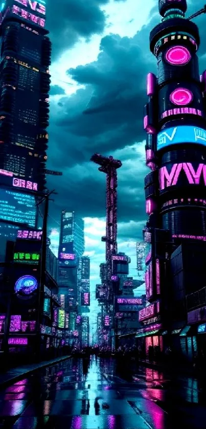 Cyberpunk cityscape with neon lights and tall skyscrapers under a moody sky.