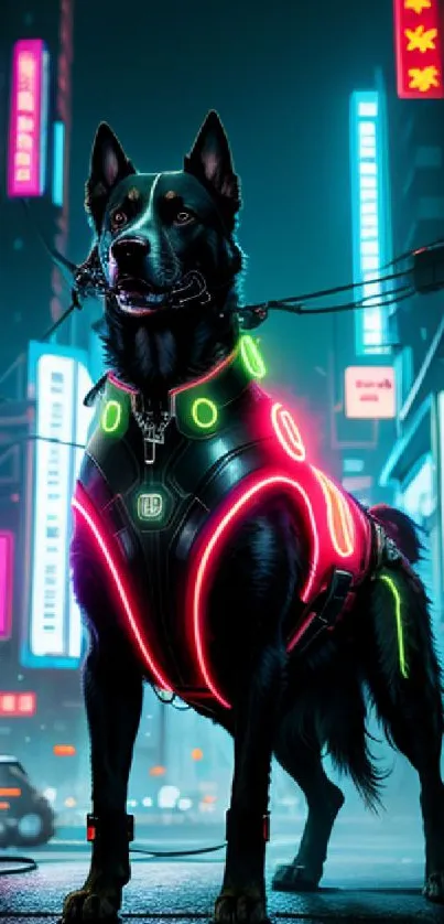 Cyberpunk dog in neon-lit cityscape wallpaper.