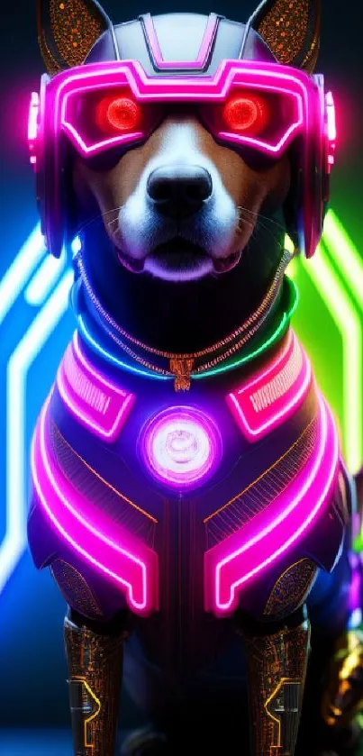 Cyberpunk dog with neon lights and futuristic design, perfect for tech-themed wallpaper.