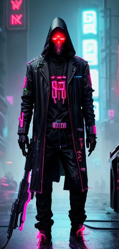 Cyberpunk figure in neon cityscape with glowing lights.