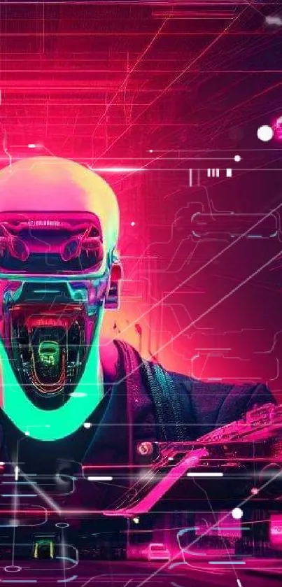 Neon cyberpunk futuristic humanoid wallpaper with vibrant pink and blue hues.