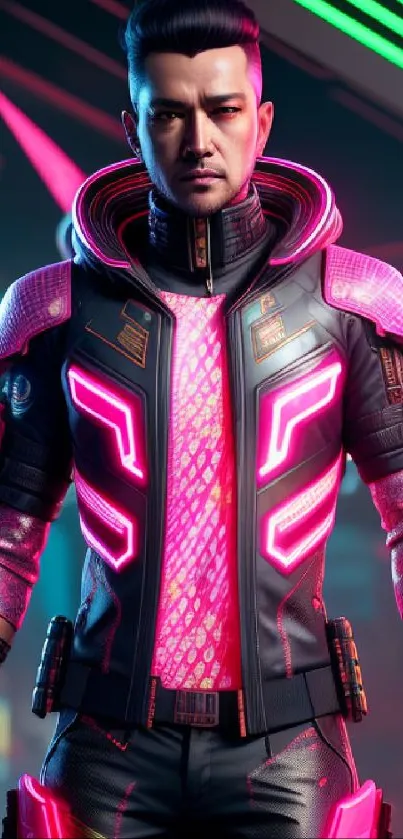 Vibrant cyberpunk character with neon pink futuristic attire.
