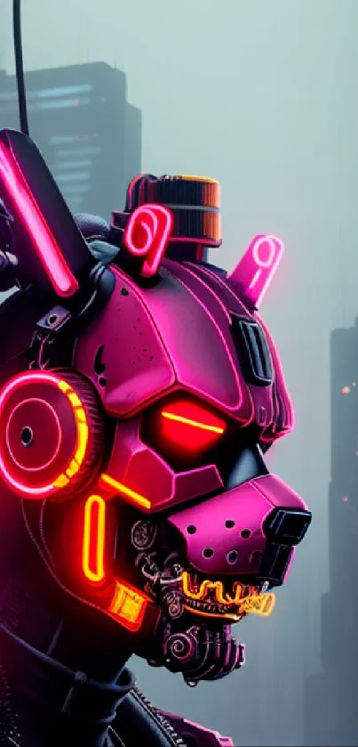 Cyberpunk neon wallpaper with futuristic robotic design and city backdrop.