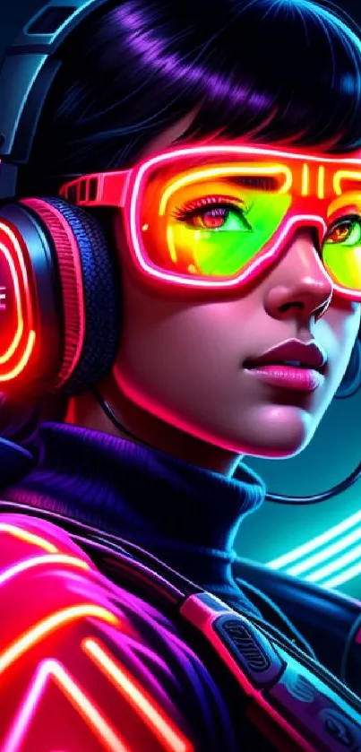 Cyberpunk gamer girl in neon colors with futuristic headset and goggles.