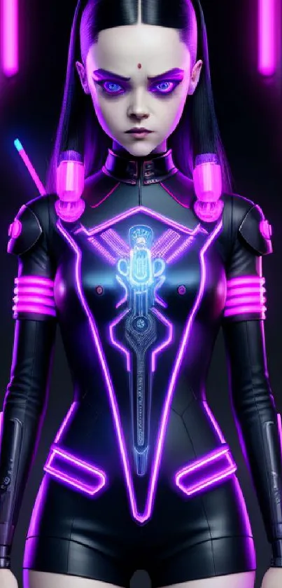 Cyberpunk girl with neon lights and futuristic outfit.