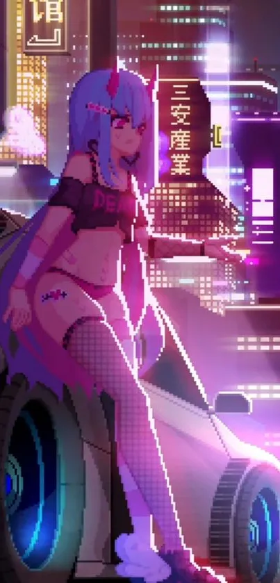 Neon cyberpunk girl in futuristic city wallpaper.