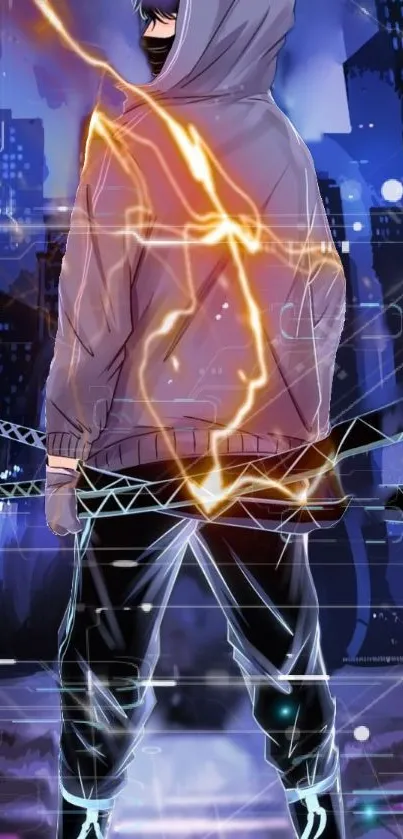 Cyberpunk hooded figure with neon glow in a futuristic cityscape.