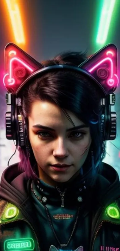 Cyberpunk-themed wallpaper with neon headphones and city lights.