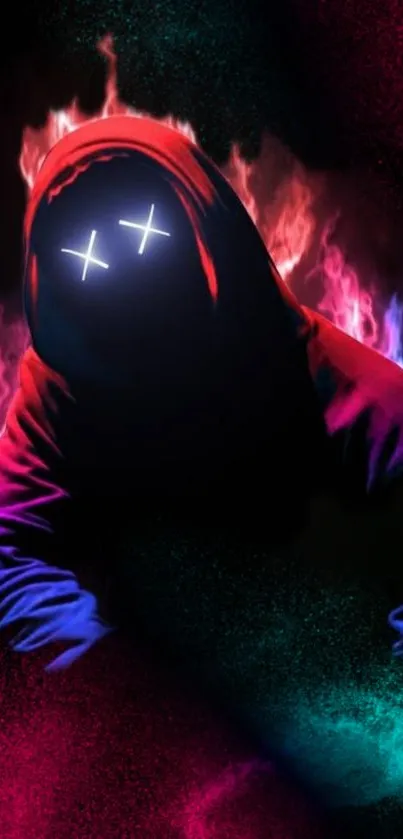 Cyberpunk figure with neon lights in a dark hoodie setting.