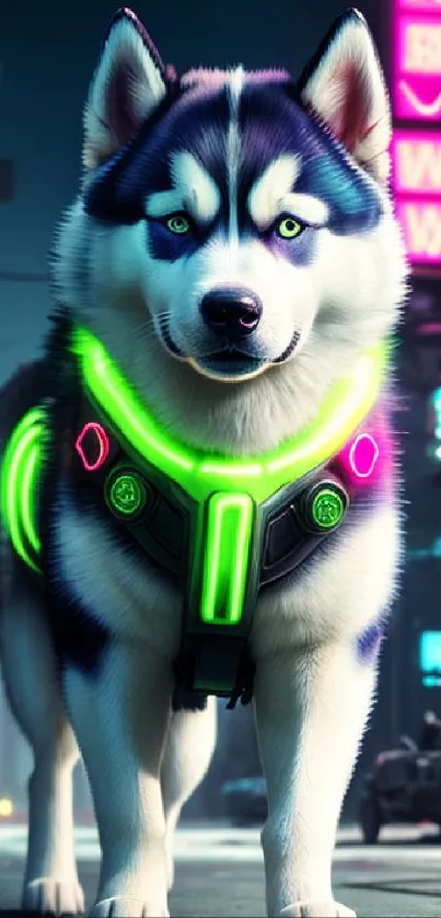 A husky with neon harness in a cyberpunk city setting.