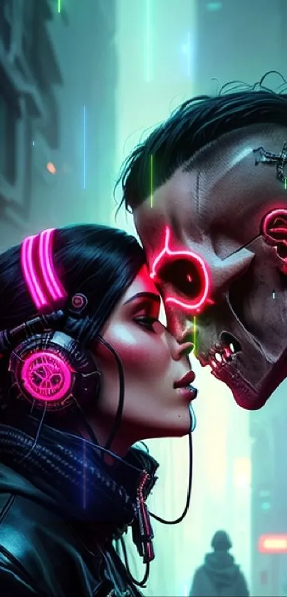 Cyberpunk lovers in neon glow, urban setting.