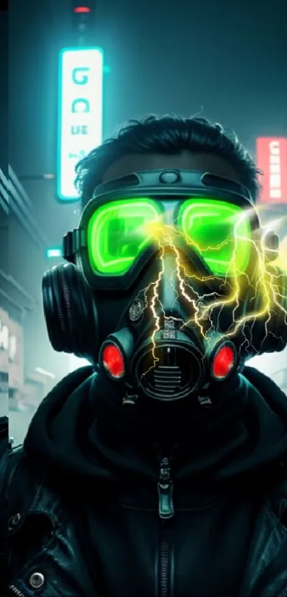 Futuristic gas mask with neon lights in cyberpunk cityscape wallpaper.