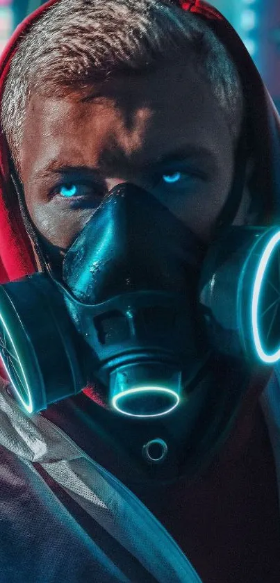 Person in neon gas mask with cyberpunk style.