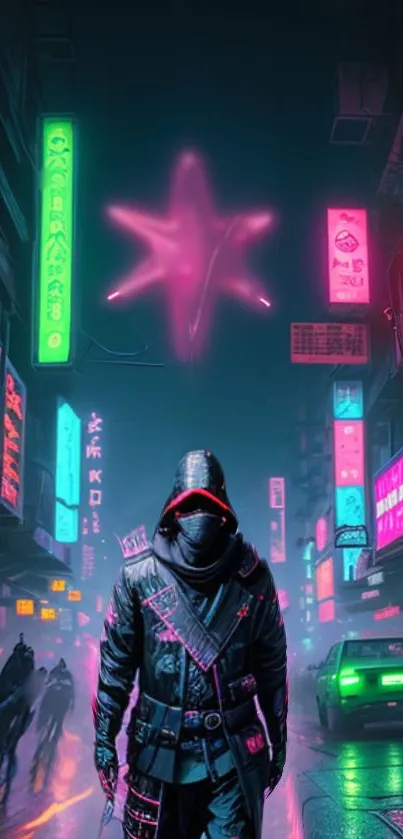 Cyberpunk city at night with neon signs and a hooded figure.