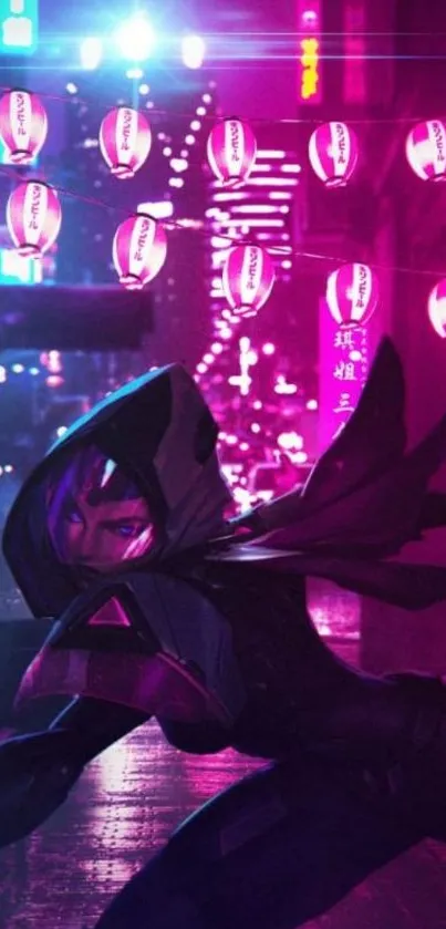 Futuristic figure in a neon cyberpunk nightscape.