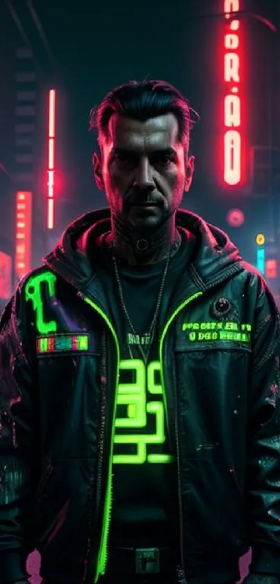 Futuristic cyberpunk character with neon lights in a cityscape.