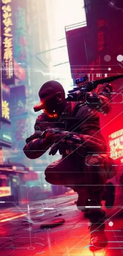 A cyberpunk warrior crouches in a neon-lit futuristic city street at night.