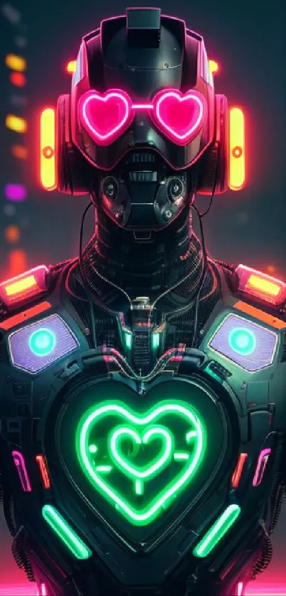 Cyberpunk robot with neon lights and heart patterns in a futuristic setting.