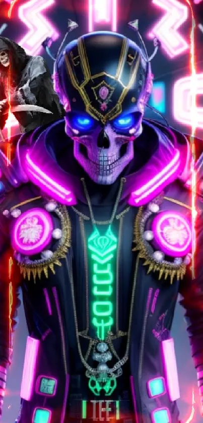 Neon cyberpunk skeleton art with vibrant colors and futuristic design.