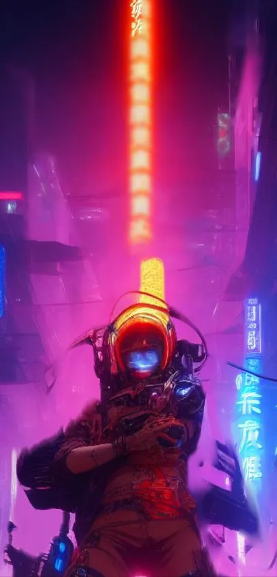 Cyberpunk neon cityscape with vibrant purple and orange hues.