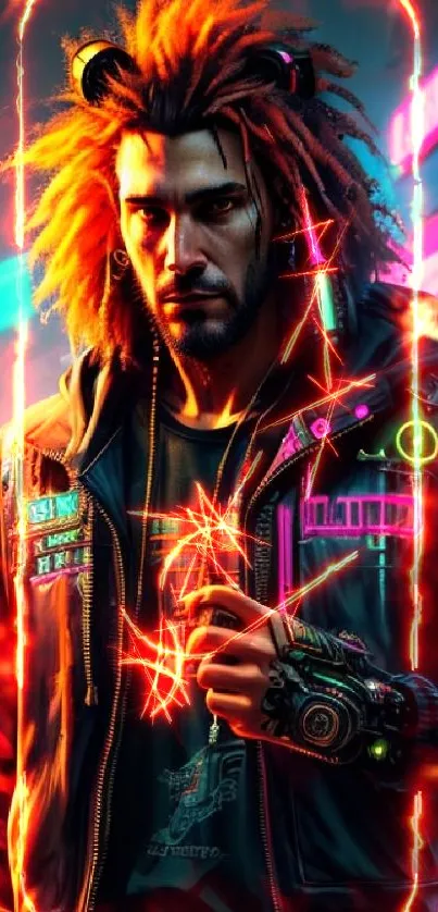 Cyberpunk style individual in neon-lit street, futuristic aesthetic.