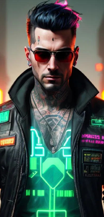 Futuristic character with neon lights in cyberpunk cityscape.