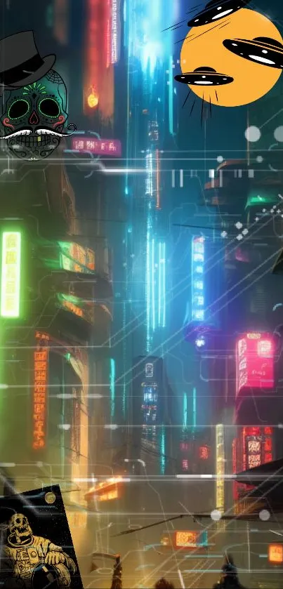 Cyberpunk neon cityscape with street art