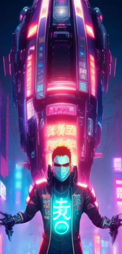 Futuristic cyberpunk character with neon lights in a vibrant cityscape.