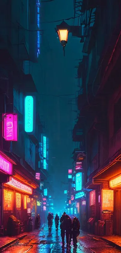 Cyberpunk street scene with neon lights and futuristic atmosphere.