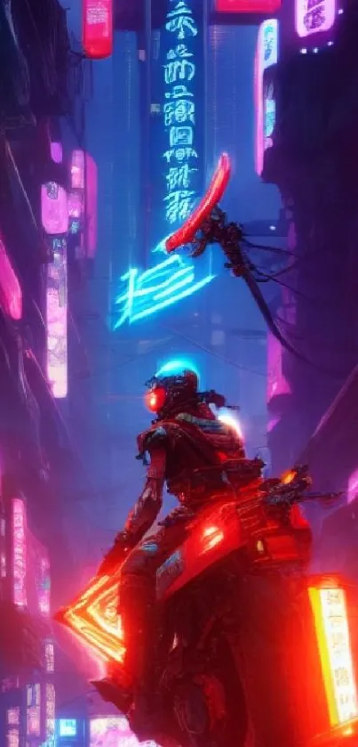 Futuristic biker in neon-lit alley artwork.