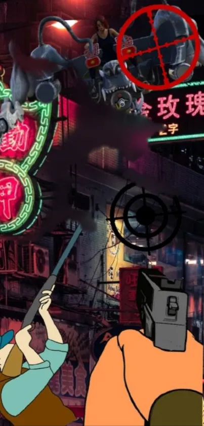 Dynamic cyberpunk neon city wallpaper with animated characters.