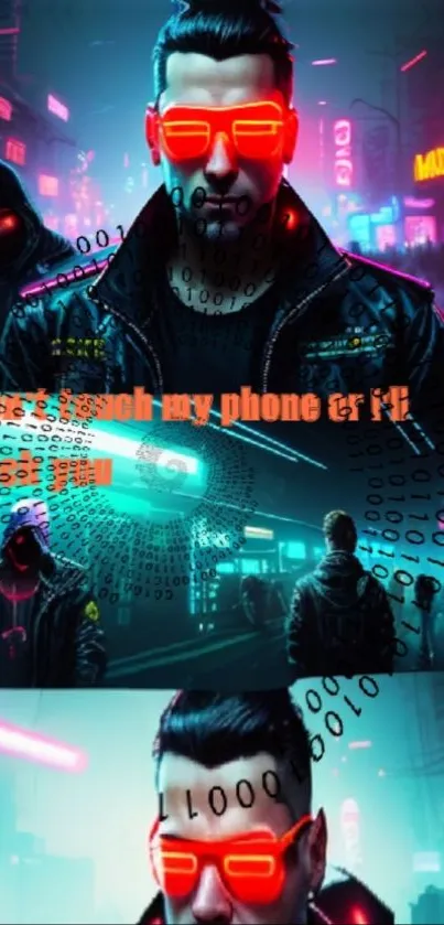 Cyberpunk wallpaper with neon lights and a man in sunglasses.