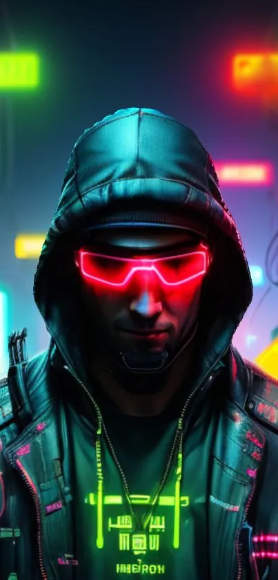 Hooded figure in cyberpunk neon cityscape with glowing lights.