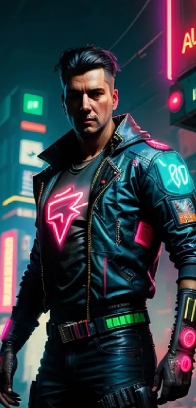 Cyberpunk neon street scene with a striking figure.