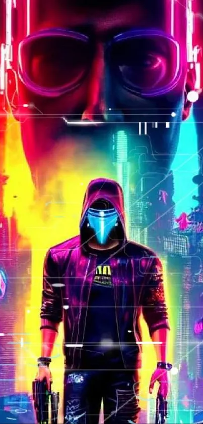 Cyberpunk neon cityscape with mysterious figure in vibrant colors.