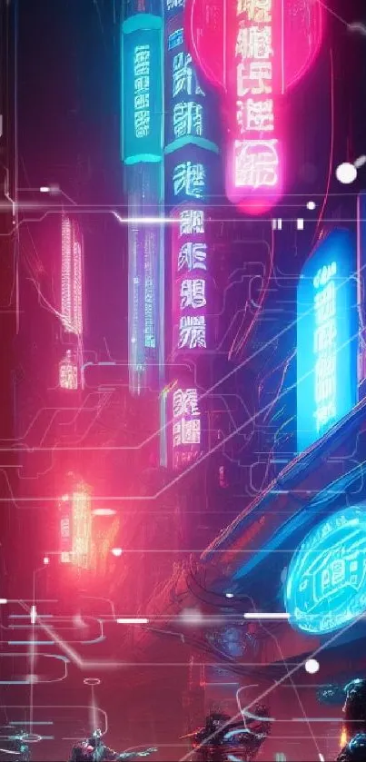 Futuristic neon city street wallpaper with glowing signs.