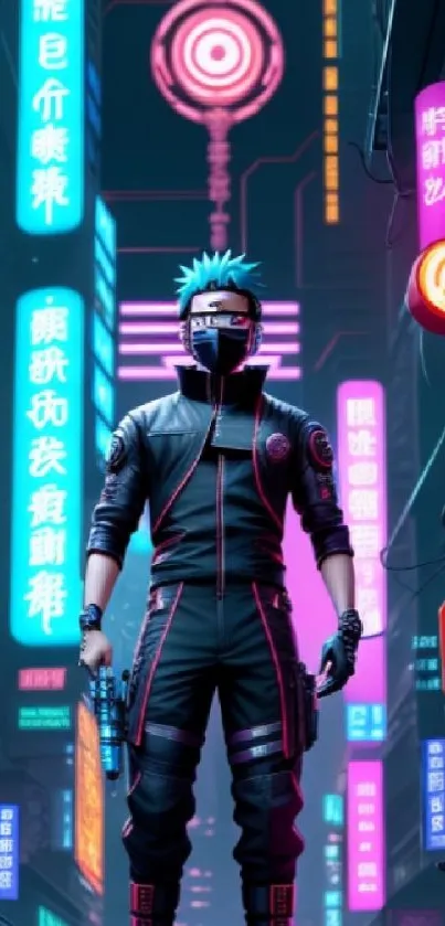 Futuristic cyberpunk city scene with neon lights and a masked character.