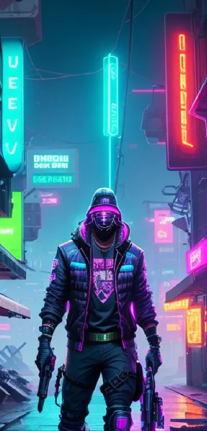 Cyberpunk scene with neon lights and mysterious figure.