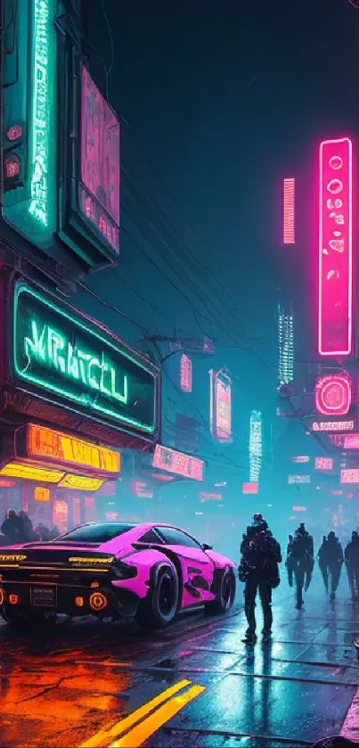 Cyberpunk street with neon lights, cars, and people.