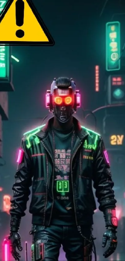 Cyberpunk robotic figure in neon-lit street.