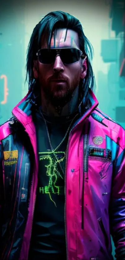 Cyberpunk character in neon-lit urban environment.