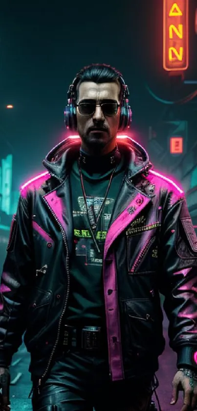 Cyberpunk character with neon pink lights on a futuristic street.