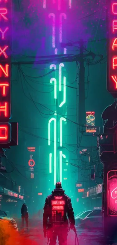 Futuristic cyberpunk wallpaper with neon city lights.