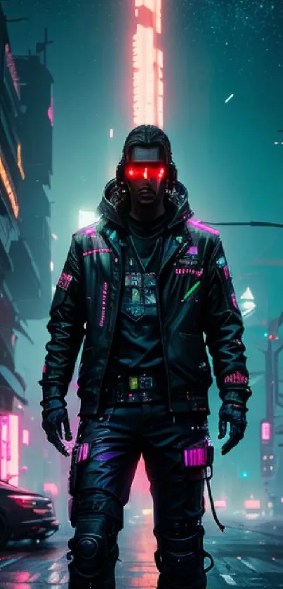 Cyberpunk city street with glowing neon and futuristic figure.