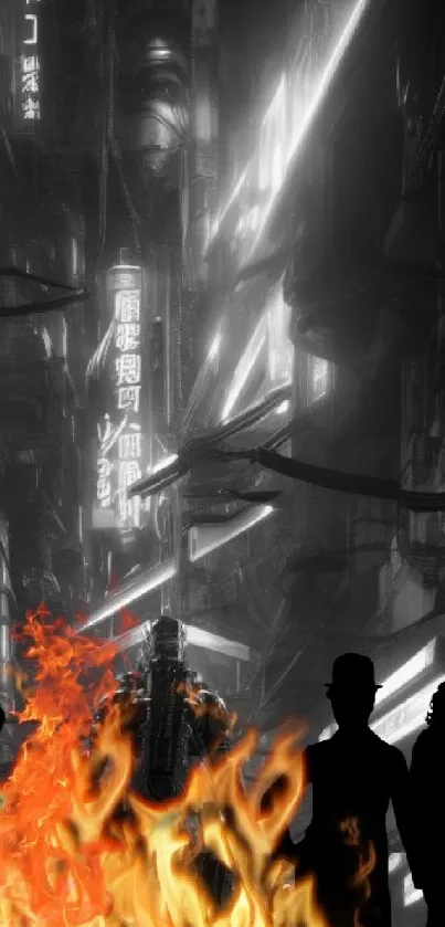 Cyberpunk cityscape with neon lights and flames in dark alley.