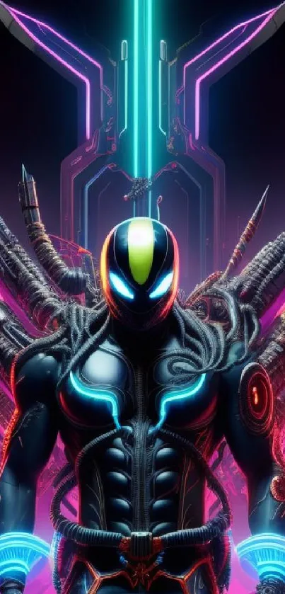 Futuristic cyberpunk superhero with neon elements and intricate mechanical design.